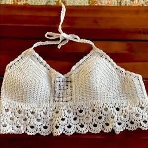 White crochet crop halter top